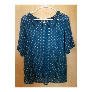 Teal deer print sheer blouse with Peter pan collar